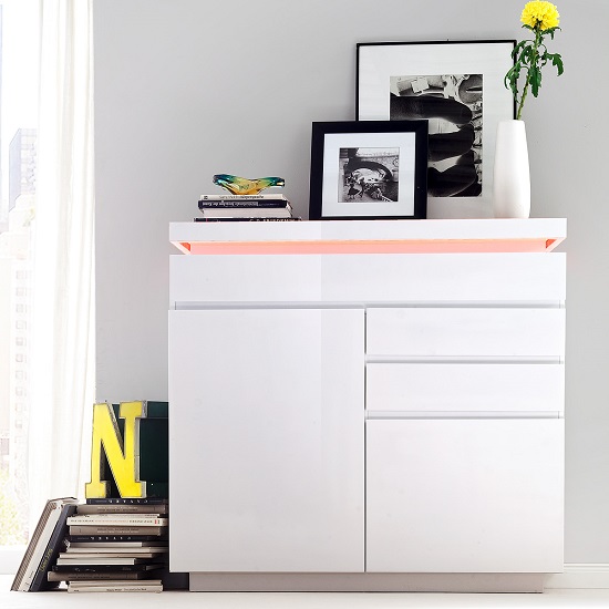 Product photograph of Odessa Small Sideboard 3 Drawer In High Gloss White With Led from Furniture in Fashion