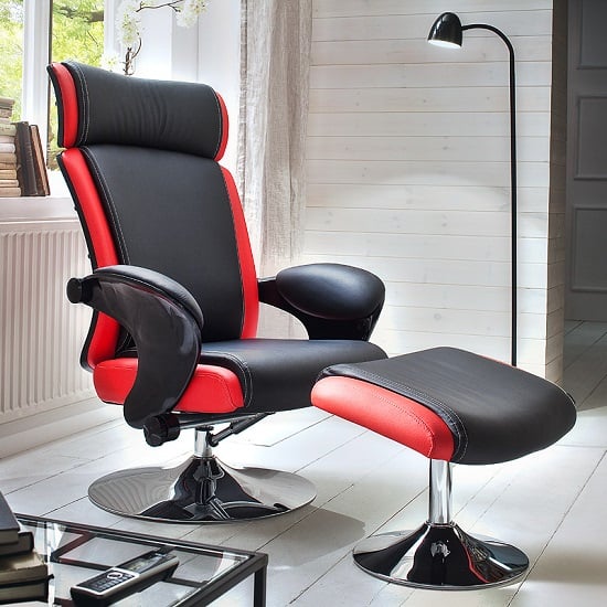 Read more about Liam reclining chair in black and red faux leather with stool