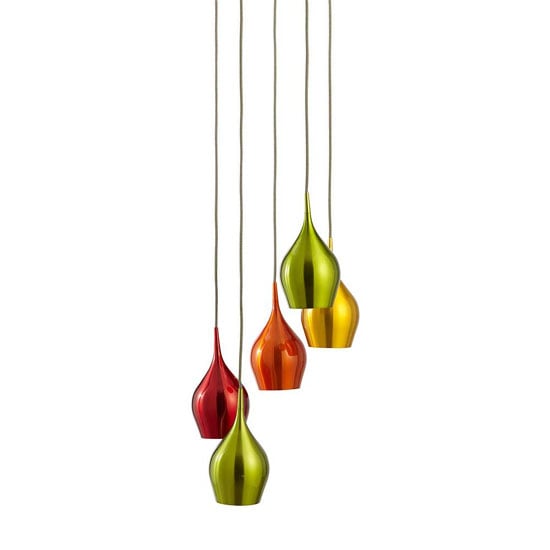 Photo of Vibrant 5 lamp ceiling pendant with multi drop coloured shades