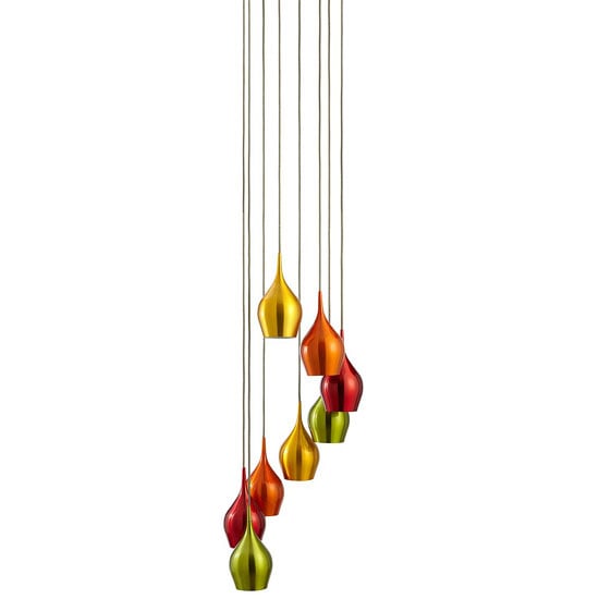 Photo of Vibrant 8 lamp ceiling pendant with multi drop coloured shades