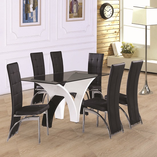 Ameria Dining Table In Smoked Glass With 6 Ravenna Dining