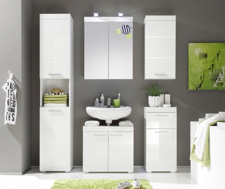 Amanda Bathroom Set In White With High Gloss Fronts And Lighting
