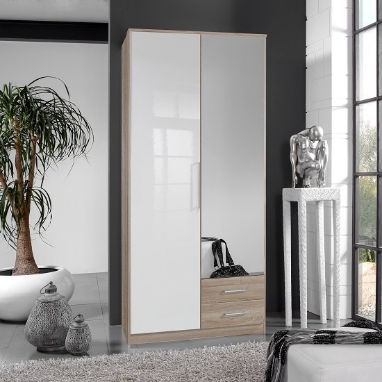 Read more about Bruce mirror wardrobe in oak effect white gloss fronts 2 drawers