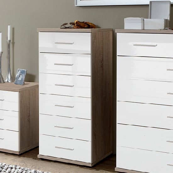 Photo of Alton chest of drawers tall in high gloss white and oak