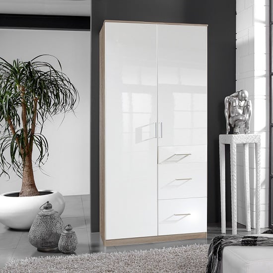 Read more about Alton wardrobe in high gloss white and oak with 2 door 3 drawers