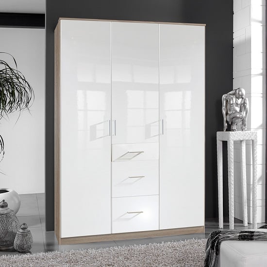 Read more about Alton wardrobe in high gloss white and oak with 3 door 3 drawers