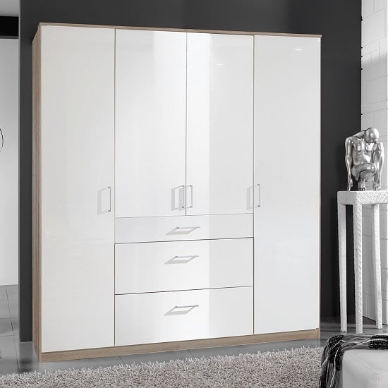 Read more about Alton wardrobe in high gloss white and oak with 4 door 3 drawers