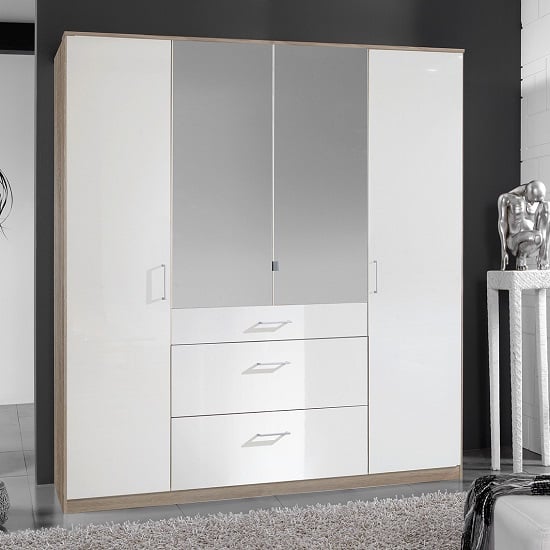 Photo of Alton mirror wardrobe in high gloss white and oak with 4 doors