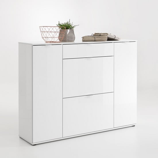 Roscrea Shoe Cabinet In White High Gloss With 4 Doors And Drawer