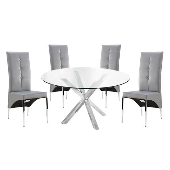Read more about Crossley round glass dining table with 4 vesta grey chairs