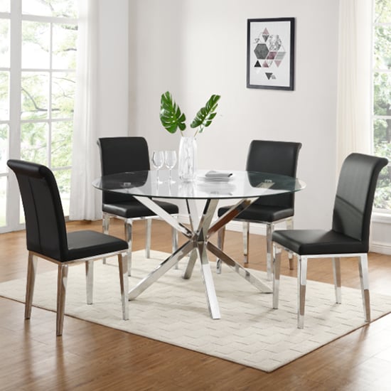 Product photograph of Crossley Round Glass Dining Set With 4 Kirkland Black Chairs from Furniture in Fashion