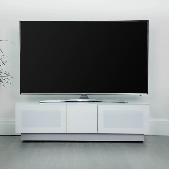 Product photograph of Crick Lcd Tv Stand Medium In White With Glass Door from Furniture in Fashion