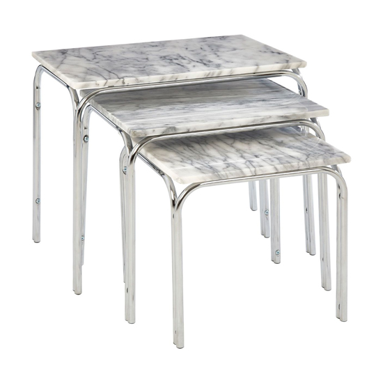 Product photograph of Electra Marble Effect Nest Of 3 Tables In White And Chrome from Furniture in Fashion