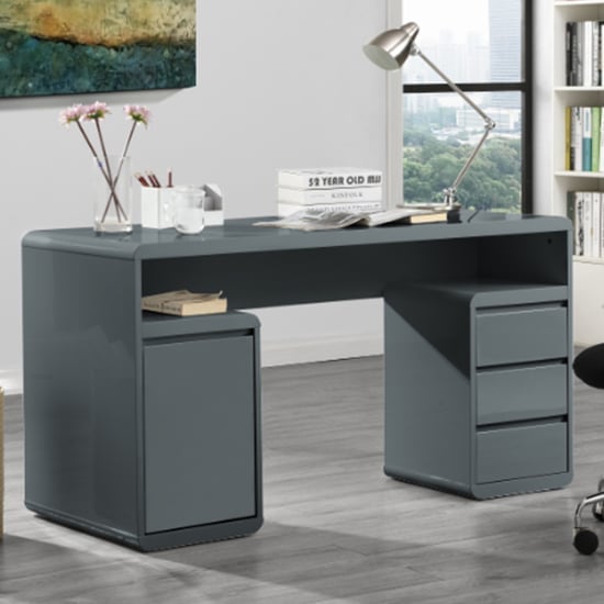 Read more about Florentine gloss computer desk with 1 door 3 drawers in grey