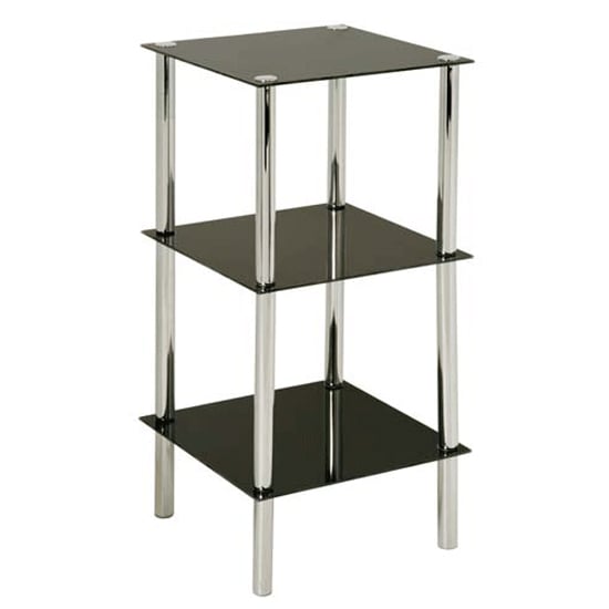 Product photograph of Fochabers 3 Tier Black Glass Display Stand With Chrome Frame from Furniture in Fashion
