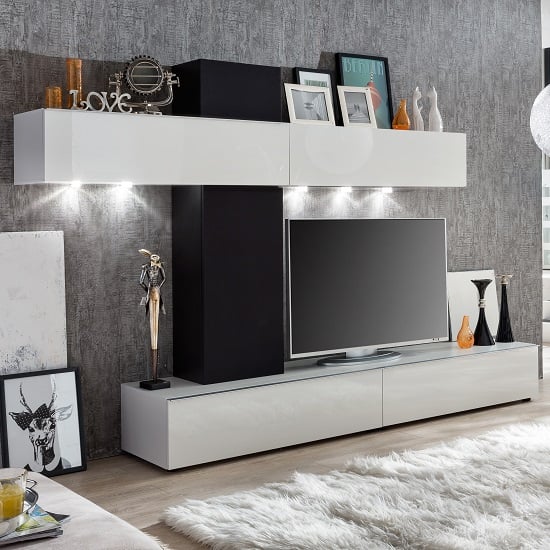 Bremen Living Room Wall Unit In White Gloss And Black With LED ...