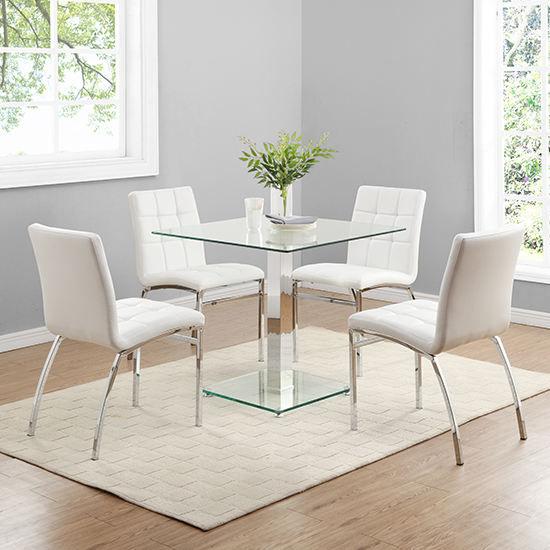Photo of Hartley glass bistro table with 4 white coco chairs