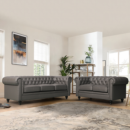 Product photograph of Hertford Faux Leather 3 2 Seater Sofa Set In Grey from Furniture in Fashion