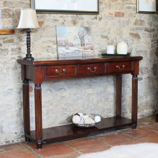 Product photograph of Belarus Console Table In Mahogany With 3 Drawers from Furniture in Fashion