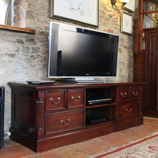 Product photograph of Belarus Widescreen Tv Stand In Mahogany With Drawers And Shelves from Furniture in Fashion
