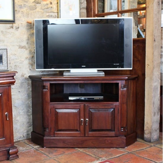 View Belarus corner lcd tv stand in mahogany with cupboard and shelf
