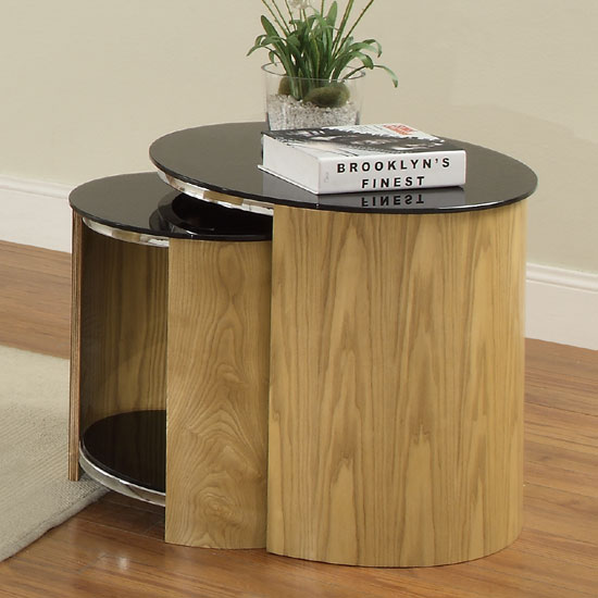 Read more about Bentwood glass nesting tables in oak and black with chrome frame