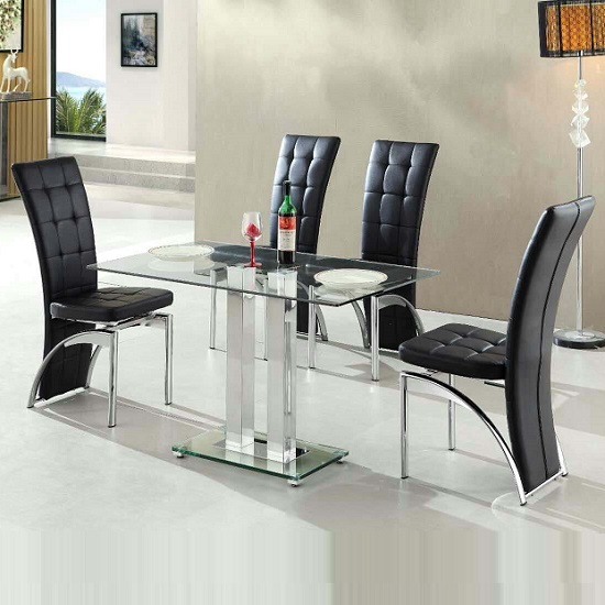 Read more about Jet small clear glass dining table with 4 ravenna black chairs