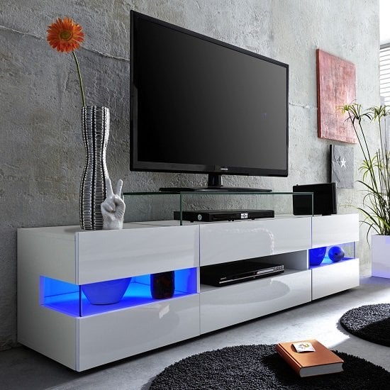 Read more about Kirsten high gloss tv stand in white with led lighting