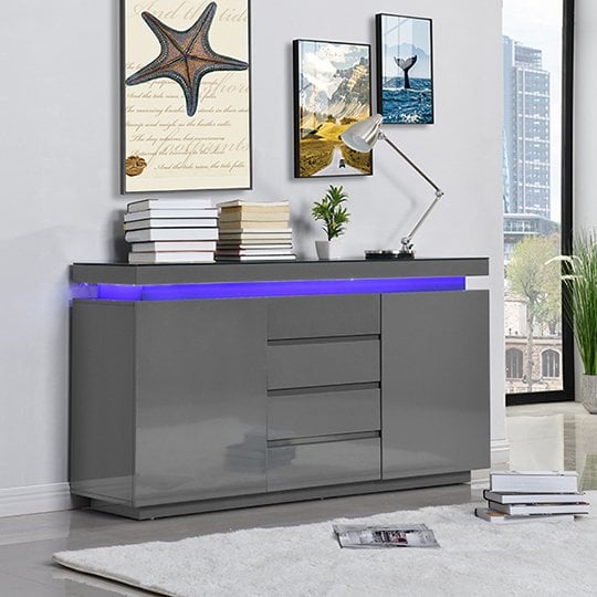Product photograph of Odessa Grey High Gloss Sideboard With 2 Door 4 Drawer And Led from Furniture in Fashion