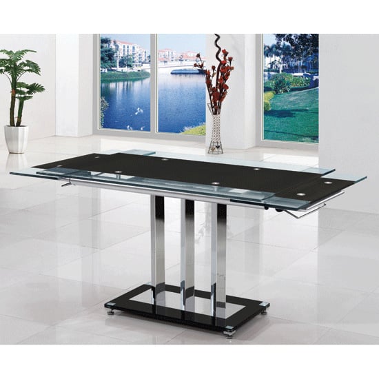 Read more about Rihanna extending black glass dining table with chrome supports