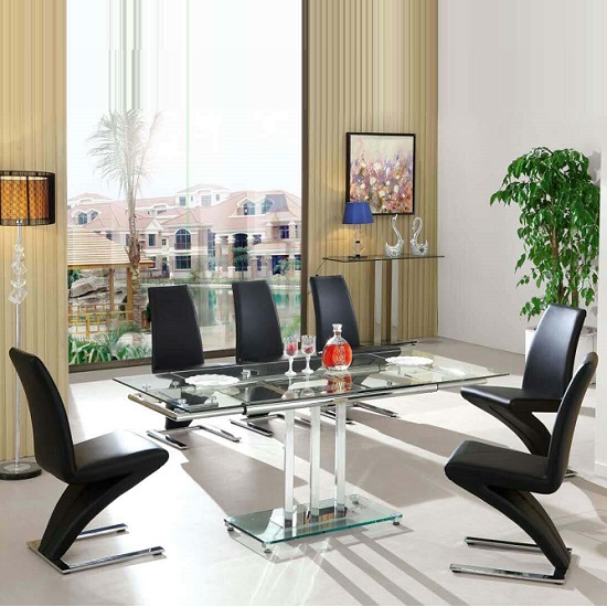 Photo of Rihanna extending glass dining table with 6 demi z black chairs