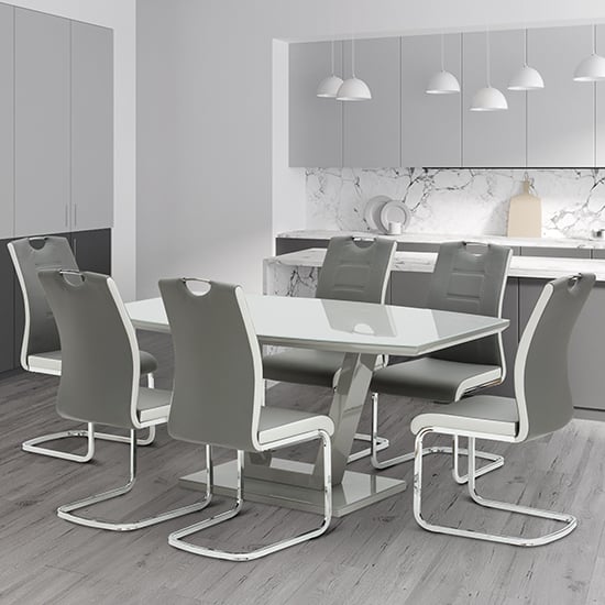 Photo of Samson glass dining table in grey high gloss with 6 chairs