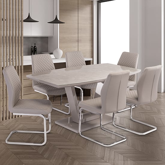 Photo of Samson latte gloss dining table with 6 caprika stone chairs
