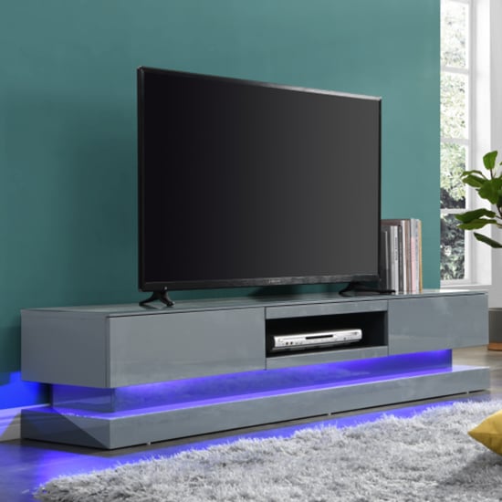 Read more about Score high gloss tv stand in mid grey and multi led lighting