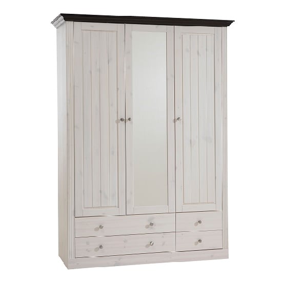 Monika Mirrored Wardrobe In White Wash Solid Pine With 3 Doors