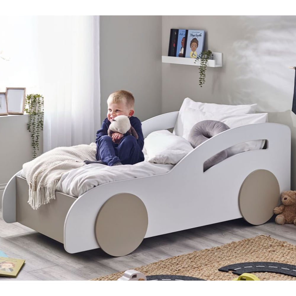 Product photograph of Abana Wooden Children Car Bed In White And Taupe from Furniture in Fashion