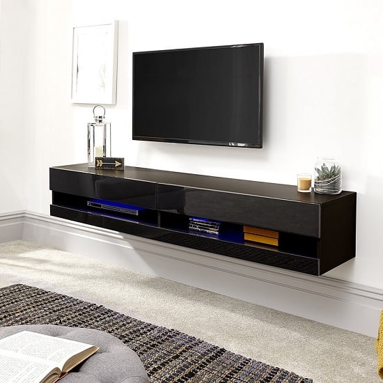 Photo of Goole wall mounted large tv wall unit in black gloss with led