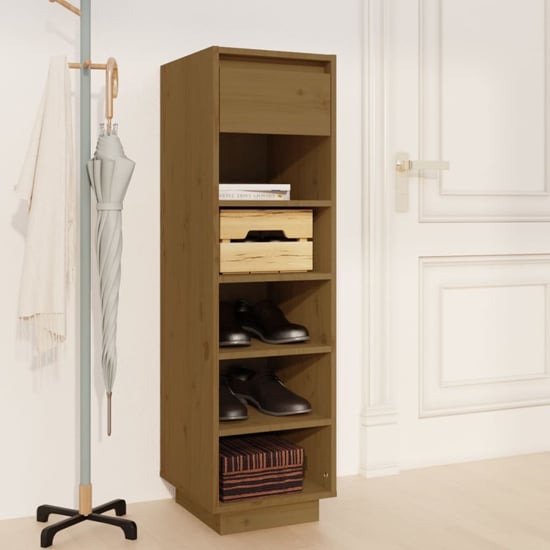 Read more about Acasia pine wood shoe storage cabinet in honey brown