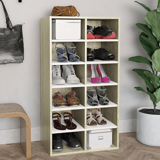 Product photograph of Acciai Shoe Storage Rack With 12 Shelves In White Sonoma Oak from Furniture in Fashion