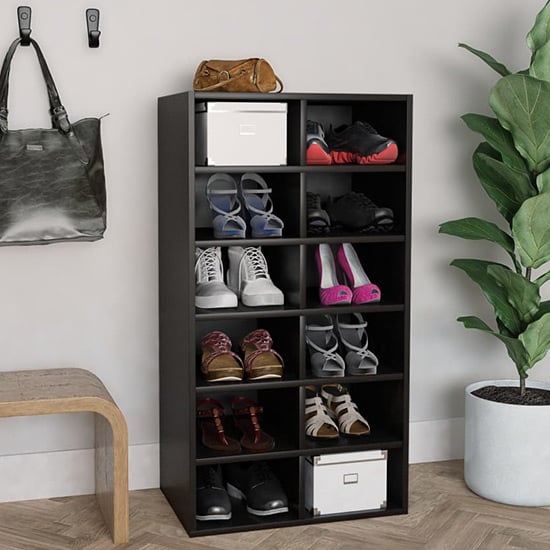 Product photograph of Acciai Wooden Shoe Storage Rack With 12 Shelves In Black from Furniture in Fashion