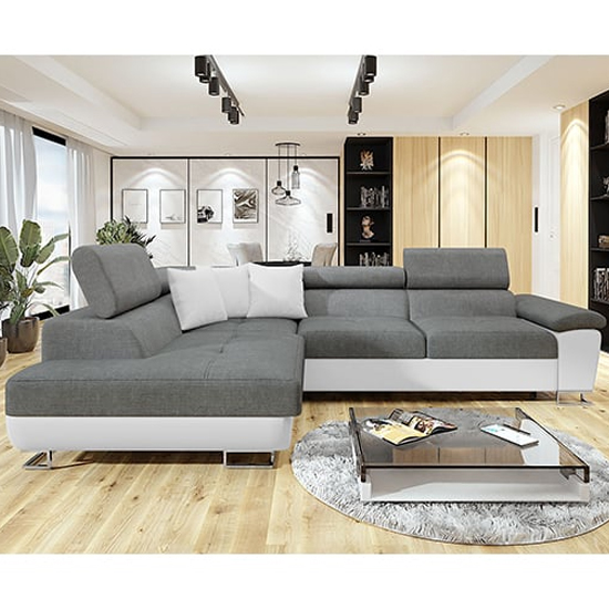 Read more about Acker fabric left hand corner sofa bed in grey and white