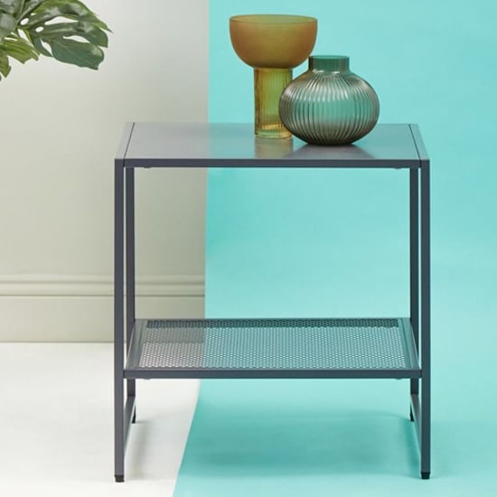 Read more about Acre metal end table with open mesh shelf in grey