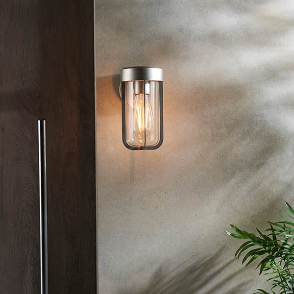 Product photograph of Adel Clear Glass Shade Outdoor Wall Light In Silver from Furniture in Fashion