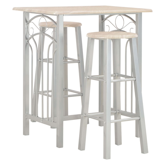 Photo of Adelia wooden bar table with 2 bar stools in oak and grey