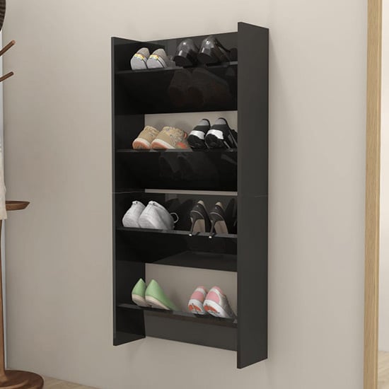 Product photograph of Adino High Gloss Wall Mounted Shoe Storage Rack In Black from Furniture in Fashion