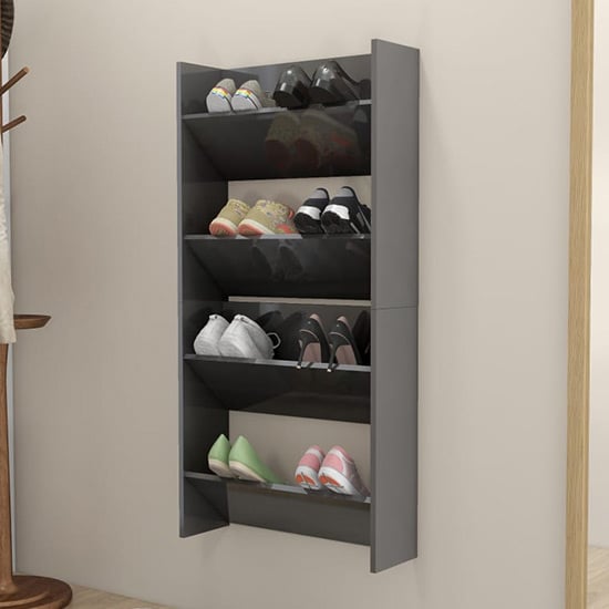 Product photograph of Adino High Gloss Wall Mounted Shoe Storage Rack In Grey from Furniture in Fashion