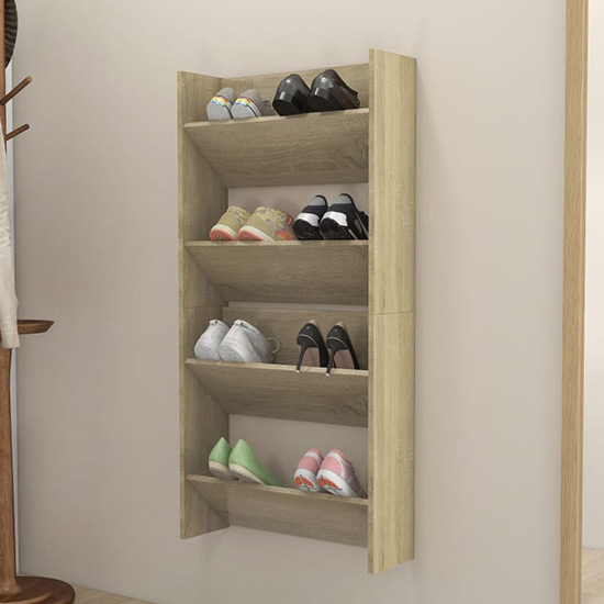 Product photograph of Adino Wooden Wall Mounted Shoe Storage Rack In Sonoma Oak from Furniture in Fashion