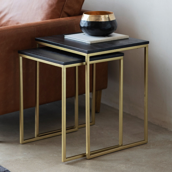 Product photograph of Adisho Wooden Nest Of 2 Tables In Black With Gold Metal Frame from Furniture in Fashion