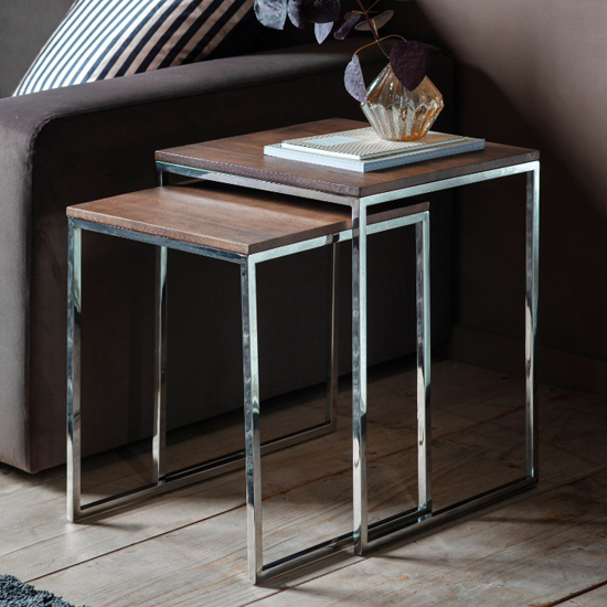 Product photograph of Adisho Wooden Nest Of 2 Tables In Walnut With Silver Metal Frame from Furniture in Fashion