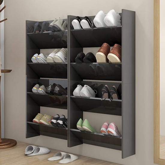 Product photograph of Adkins High Gloss Wall Mounted Shoe Storage Rack In Grey from Furniture in Fashion